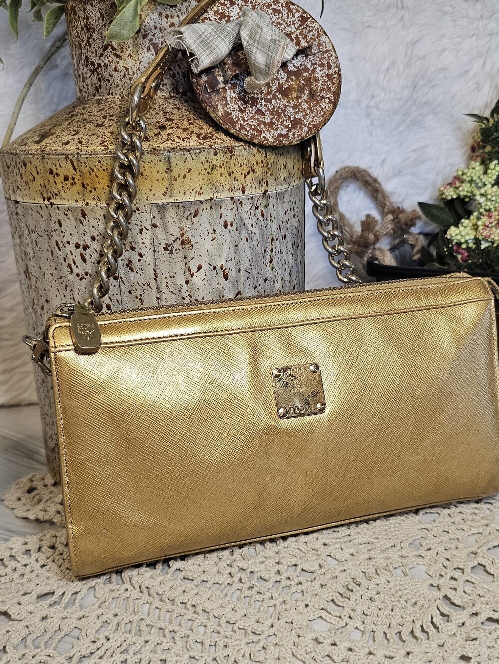 MCM metallic gold Saffiano leather chain shoulder bag clutch